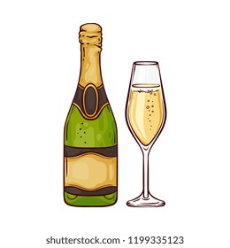 Vector illustration of champagne in close bottle and wineglass in sketch style - hand drawn festive golden fizzy drink isolated on white background for congratulation or invitation card.