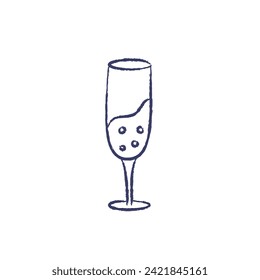 Ilustración vectorial de la copa de champán con burbujas. Diseño de crayón de carbón a mano. Elemento aislado sobre un fondo blanco