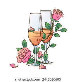 Vector illustration of champagne glass with roses and leaves. Glasses with champagne or wine. Cafe-bar, party, event, holiday, wedding concept. For poster, banner, card, menu.