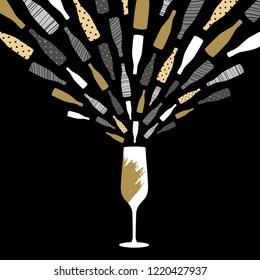 Vector illustration of champagne glass with splash. Greeting card, postcard art design.