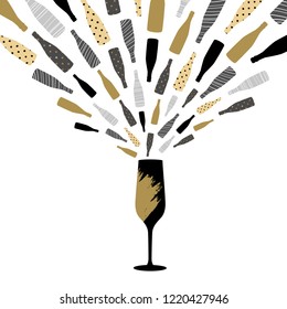 Vector illustration of champagne glass with splash. Greeting card, postcard art design.
