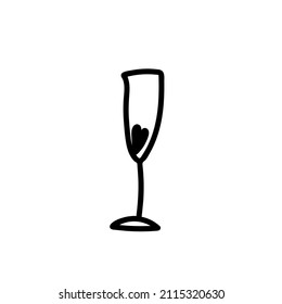 Vector illustration of a Champagne glass for Valentine's Day with a black line on an isolated background.Single,simple,festive picture in doodle style.Design for cards,stickers,posters,web,packaging.