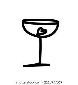 Vector illustration of a Champagne glass for Valentine's Day with a black line on an isolated background.Single,simple,festive picture in doodle style.Design for cards,stickers,posters,web,packaging.