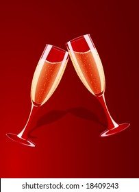 Vector illustration of champagne glasses splashing on red background