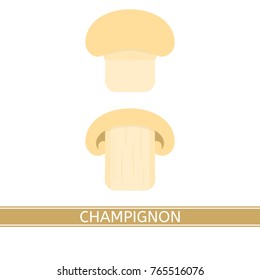 Vector illustration of champignon isolated on white background. Mushroom whole and sliced in flat style.