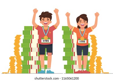 vector illustration champions and money as gift reward for them, boy and girl champion 