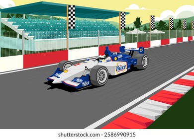 Vector Illustration of a championship auto racing fast car, perspective view in track