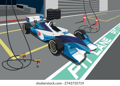 Vector illustration of a championship auto racing teams car outside pits