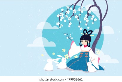Vector illustration Chang'e legend Mid autumn festival. The Chinese Goddess of Moon, rabbits, moon, laurel tree. Aspect ratio for wallpaper, greetings card, banner, book cover, packaging design.