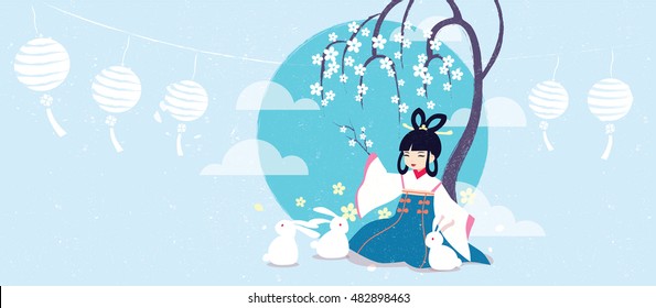 Vector illustration Chang'e legend Mid autumn festival. The Chinese Goddess of Moon, rabbits, moon, laurel tree. For wallpaper, greetings card, banner, book cover, packaging design...