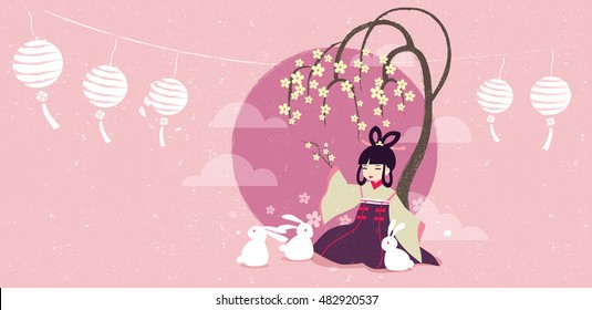 Vector illustration Chang'e legend Mid autumn festival. The Chinese Goddess of Moon, rabbits, moon, laurel tree. For wallpaper, greetings card, banner, book cover, packaging design... Pink background.