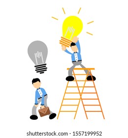 vector illustration change of mind concept business illustration businessman worker team helping with new creative ideas light lamp flat design cartoon style