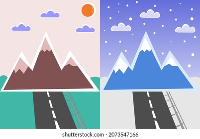 Vector illustration of changing seasons on the mountain in summer and winter, eps
