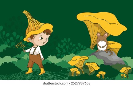 Ilustração vetorial - chanterelle e mouse