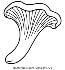 A vector illustration of a chanterelle mushroom, depicted in a minimalist black and white line art style, showcasing its unique funnel shape and ribbed cap.