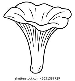 A vector illustration of a chanterelle mushroom, depicted in a simplified, hand-drawn style with bold black outlines and a focus on the unique shape and texture of the mushroom cap and stem.