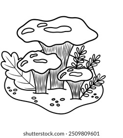 Ilustração vetorial de cogumelos chanterelle destacado em um fundo transparente, para crianças colorindo uma planilha, pasta de trabalho, web design. Ilustração de stock de um cogumelo branco em um cleari de floresta