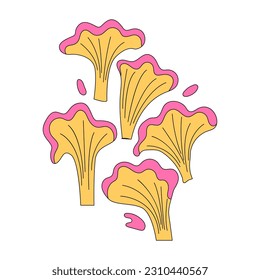 Vector illustration of chanterelle mushrooms on isolated background. Retro 1970 style groovy psychedelic