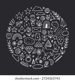 Ilustração vetorial de uma composição caótica ainda estruturada de doodle desenhado à mão em forma de círculo. Inclui animais bonitos, elementos da natureza, símbolos mágicos e ícones abstratos em contorno branco sobre fundo escuro.