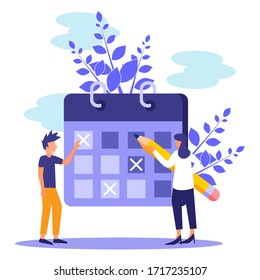 Vector illustration. character 2 business people make a schedule online on a tablet. design scheduling business graphics tasks on week - Vector - Vector.