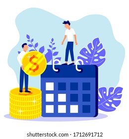 Vector illustration. character 2 young business people create a company schedule and target on the calendar. design scheduling business graphics tasks on week - Vector 
