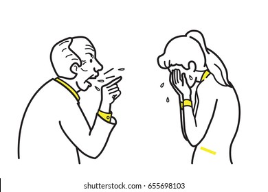 Vector illustration character of angry boss shouting and complaining female employee. Line and outline draw, sketch, doodle style. 