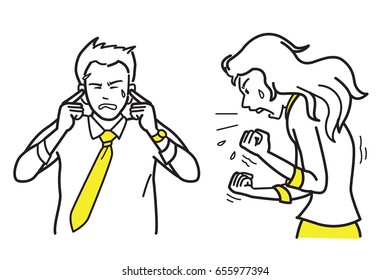 Vector illustration character of angry and furious businesswoman shouting, screaming and yelling to her male partner, businessman who put fingers into ears. Sketch, draw, doodle, design.