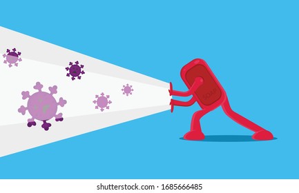 vector illustration of character of antiseptic soap solid destroying against viruses, germs and bacteria.