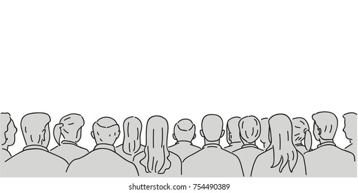 Vector illustration character of audience in the conference hall background with blank space for your text and design. Outline, thin line art, linear, doodle, cartoon, hand drawn sketch.