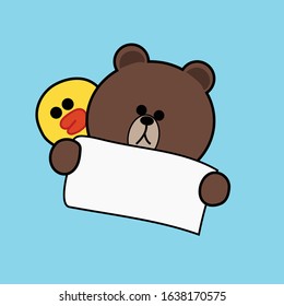 Vector Illustration of character bear and duck with empty paper for text blue background