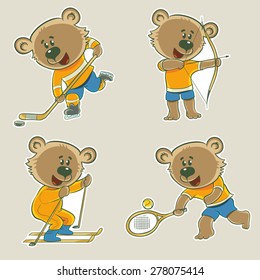 Vector illustration. The character bear. Kid stickers with different sports