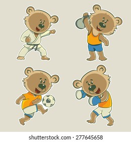 vector illustration. The character bear. Sports parachuting, cycling, skateboard and rowing