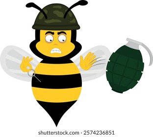 vector illustration character bee insect cartoon, throwing a grenade with a soldier and war helmet