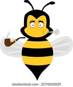 vector illustration character bee insect cartoon, smoking and exhaling pipe tobacco smoke