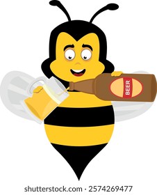 vector illustration character bee insect cartoon, with a bottle of beer pouring into a glass