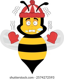 vector illustration character bee insect cartoon shivering cold, wearing gloves and a winter hat, with breath vapor in his mouth