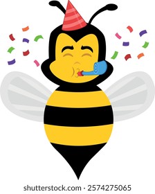 vector illustration character bee insect cartoon, with a party hat, serpentine and falling confetti paper