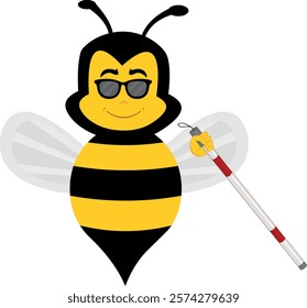 vector illustration character bee insect cartoon, blind man with a cane in his hand and sunglasses