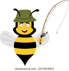 vector illustration character bee insect cartoon with a fisher hat and a fishing rod