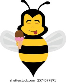 vector illustration character bee insect cartoon, with an ice cream wafer cone in his hand and an yummy expression