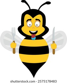 vector illustration character bee insect cartoon, with a hungry expression, tongue sticking out with drool saliva, a knife and fork in his hands