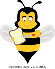 vector illustration character bee insect cartoon, spreading butter on a slice of bread with a spreader