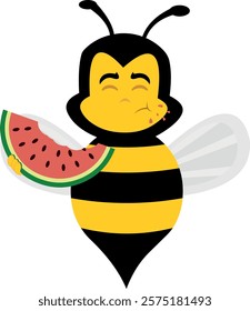 vector illustration character bee insect cartoon eating watermelon fruit