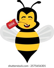 vector illustration character bee insect cartoon, drinking a can of soda cola