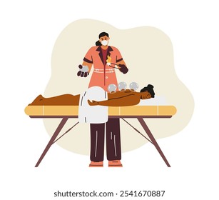 Ilustração vetorial de um personagem sendo tratado em uma clínica médica oriental usando terapia a vácuo. Uma médica está cuidando das costas do paciente. Medicina oriental alternativa. Estilo plano.