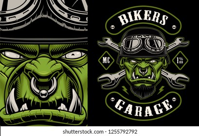 Vector illustration of a character biker with crossed wrenches on the dark background. Layered, text and other elements are on the separate groups.