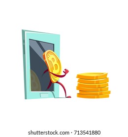 Vector illustration character bitcoin emoji exit screen mobile phone cartoon style. Cryptocurrency technology and mobile banking