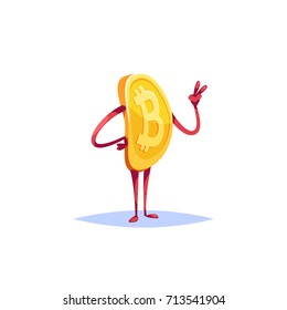 Vector illustration character bitcoin emoji showing victory gesture cartoon style