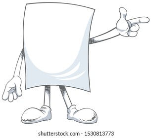Vector illustration character of blank paper sheet, with finger and pointing at blank space isolated on white background