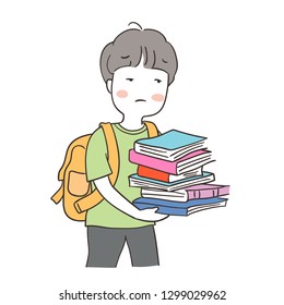 Vector illustration character a boy bored and holding many books.School concept.Draw doodle cartoon style.